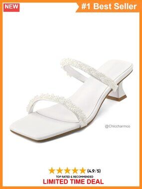 Faux Leather Pearl Kitten Heel Mules Square Toe Slip On Sandals